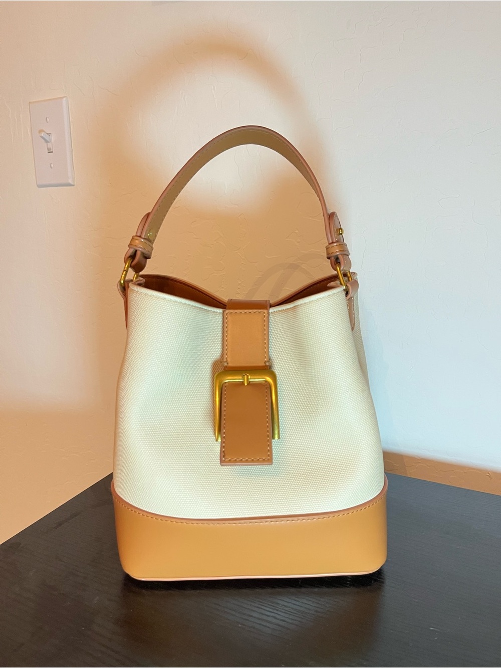 Rachel Zoe Cream Canvas & Tan Leather Bucket Bag with Gold Buckle